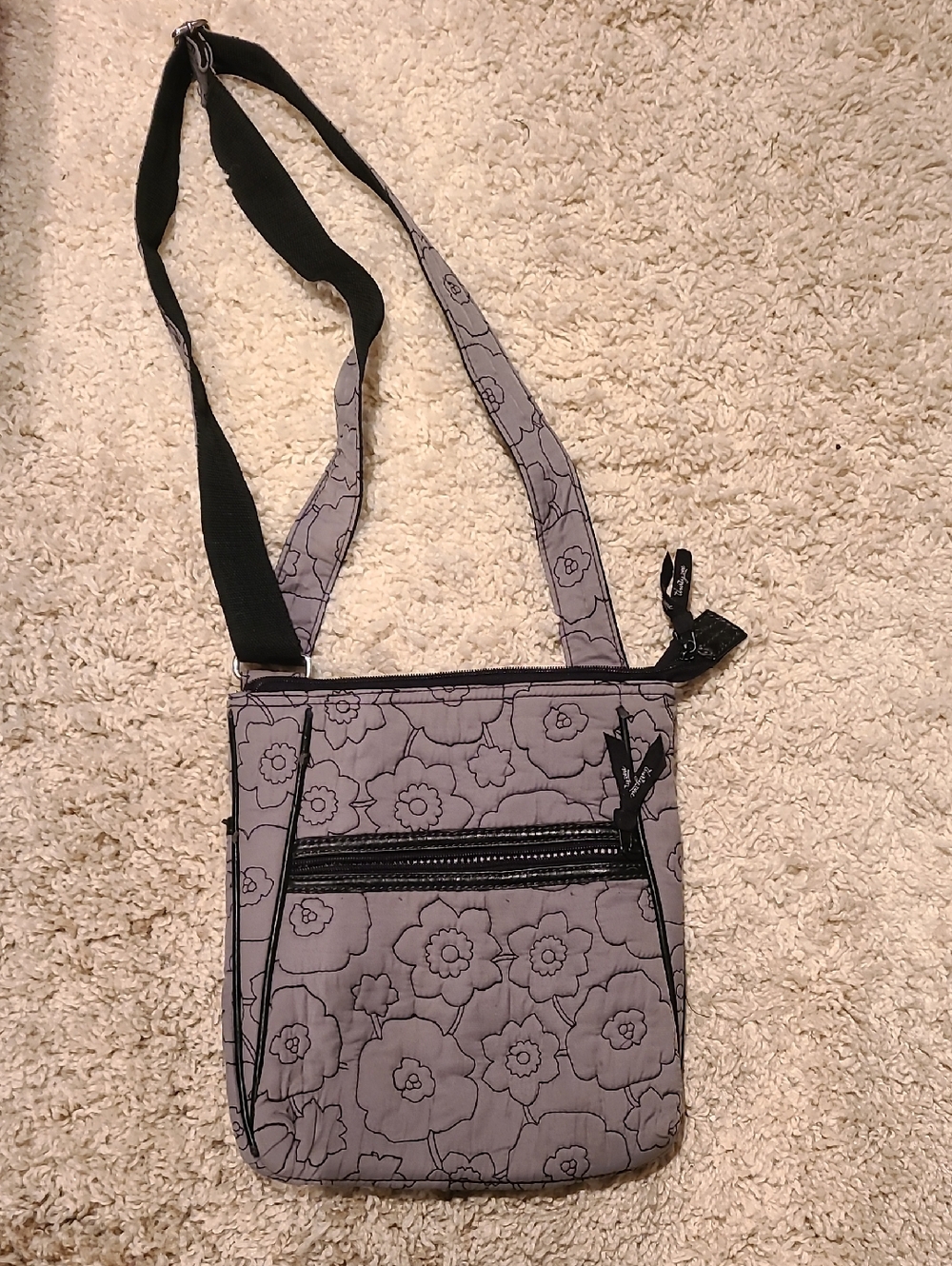 Thirty-one Gray Floral Quilted Crossbody with Black Trim and Adjustable Strap